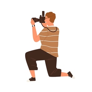 Side view of professional male photographer holding digital photo camera and taking photos. Modern man sitting down on a knee and making shots. Flat vector illustration isolated on white .
