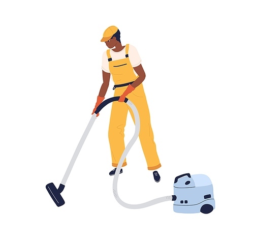 Professional worker of cleaning service working with vacuum cleaner. Man in uniform and gloves using manual hoover for cleanup. Colored flat vector illustration isolated on white .