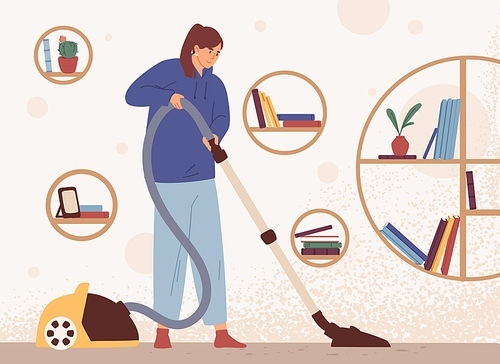 Young woman cleaning home with manual vacuum cleaner. Homemaker running hoover to clean dirty floor in modern room. Colored flat textured vector illustration.