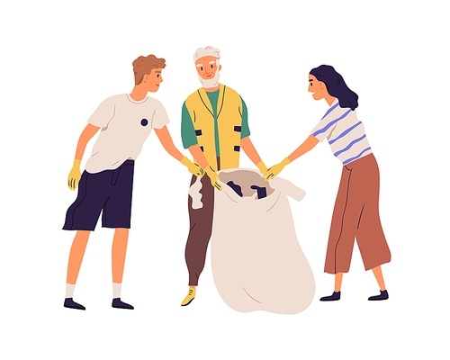 Young and elderly people cleaning nature by collecting garbage into trash bags. Family working together and picking plastic litter. Colored flat vector illustration isolated on white .