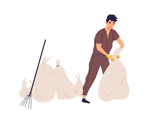 Man cleaning street by collecting garbage into trash bags. Young guy packing litter. Eco volunteer or janitor working alone. Colored flat vector illustration isolated on white .