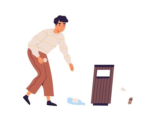 Scene with young man collecting rubbish to throw it into trash can. Guy cleaning street by picking up plastic litter. Colored flat vector illustration isolated on white .