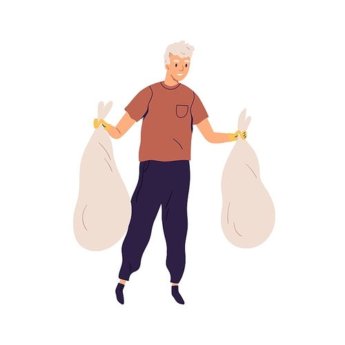 Happy man in gloves carrying trash bags with collected garbage. Eco volunteer holding packed litter after cleaning nature. Colored flat vector illustration isolated on white .