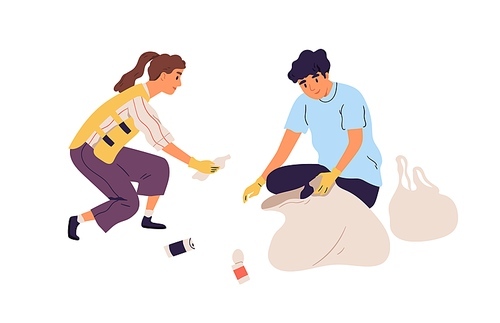 Couple of eco-volunteers in gloves cleaning nature by collecting garbage into trash bags. Young people picking up plastic litter. Colored flat vector illustration isolated on white .