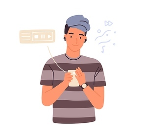 Hipster male teenager in wireless earphones listening to music vector flat illustration. Smiling young man enjoying audio sound holding mp3 player or smartphone isolated on white .