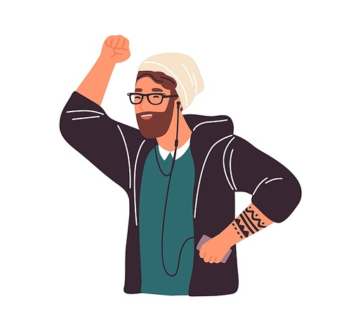 Happy hipster bearded guy listening to music in earphones, dancing and having fun vector flat illustration. Smiling male enjoy audio sound use mp3 player isolated on white. Funny man dance.