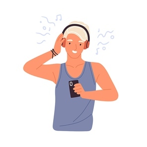 Portrait of hipster teenager listening to music in wireless headphones vector flat illustration. Smiling young man enjoying audio sound using smartphone isolated on white .