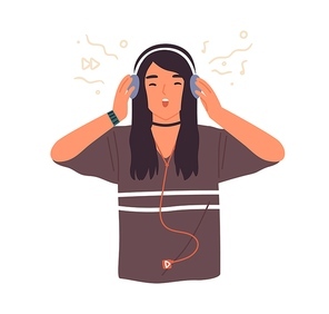 Hipster teenage girl singing and listening to music in headphones, using mp3 player vector flat illustration. Teen female singer enjoying audio sound with closed eyes isolated on white.