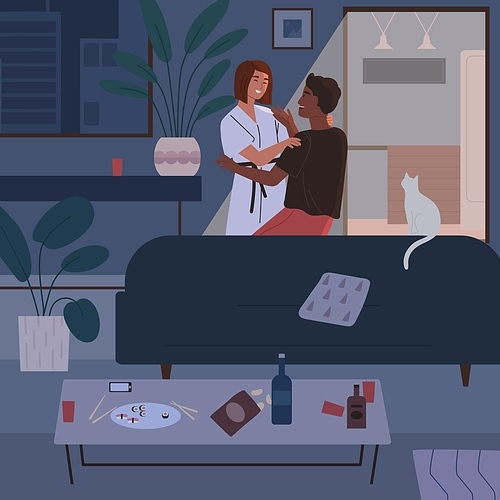 Happy couple hugging and talking after romantic dinner at home in the evening vector flat illustration. Smiling beloved man and woman spending time together at comfortable apartment.