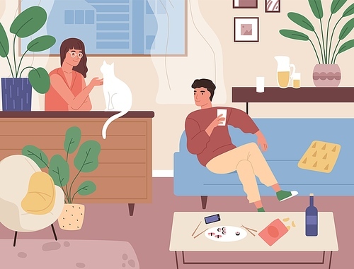 Couple spending time together at home after sushi dinner vector flat illustration. Smiling family relaxing, having date at comfortable apartment. Romantic scene with man and woman.