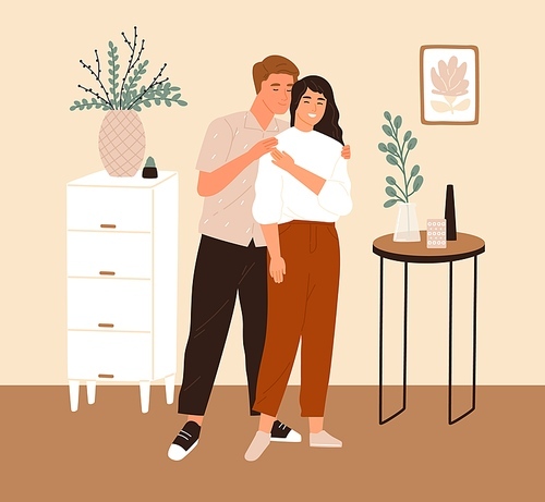 Young romantic couple standing together in furnished room of their new apartment in scandinavian style. Happy man and woman hugging and enjoying cozy home. Colorful flat vector illustration.