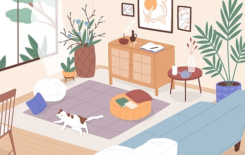 Modern interior of living room. Cosy furnished apartment. Sleeping cat on the floor. Comfy flat with sofa, coffee table, houseplants growing in pots and home decorations. Flat vector illustration.