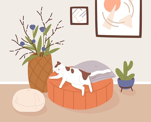 Comfy living room interior with sleeping cat, potted houseplants and home decorations. Cute pet lying on ottoman at modern cozy home. Sweet life of domestic animals. Flat vector illustration.