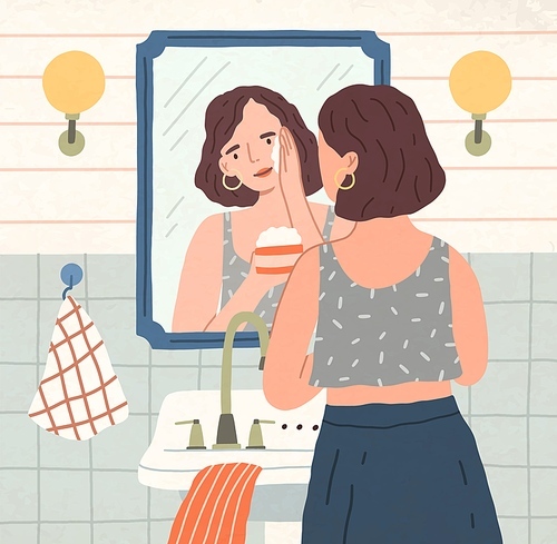 Yong beautiful woman moisturizing or washing her face with cream or cleansing lotion in front of mirror. Daily beaty routine and skin care at home. Colored flat vector illustration.