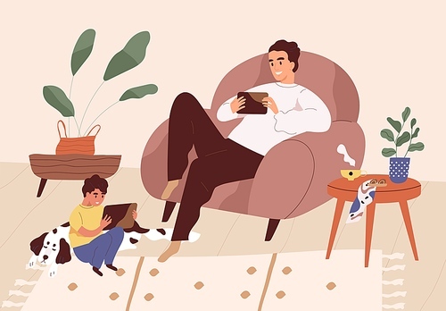 Gadget addicted parent and kid using mobile phones or tablets at home. Father set bad example for child by spending time online in social networks. Colored flat vector illustration.