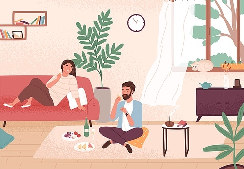 Couple enjoy romantic date at home vector flat illustration. Man and woman having dinner with champagne and snack. Male and female sitting on floor and couch. Enamored pair spending time together.
