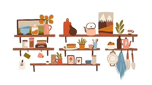 Cooking utensils on shelves in kitchen interior, decor. Hanging saucepan, towel. Various kind of cookware mug, cup, dish, jar, tea pot. Flat vector cartoon illustration isolated on white .