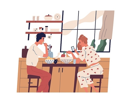 Couple having breakfast or lunch at home. Young people eating food and surfing the internet on mobile phone in modern kitchen. Colorful flat vector illustration isolated on white .