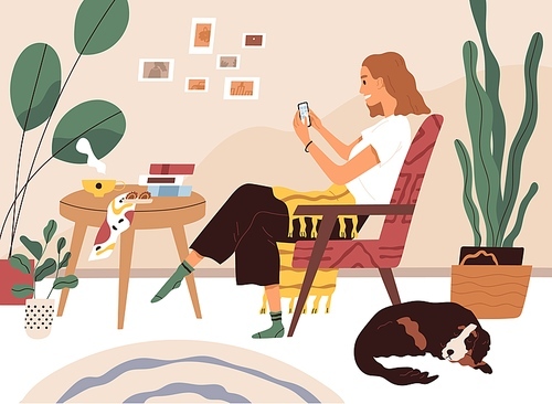 Young woman resting in comfy armchair with mobile phone, surfing internet and chatting online. Happy female character relaxing and using smartphone at home. Colored flat vector illustration.