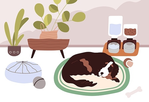 Sleepy dog staying home alone with smart automatic pet feeders or food dispensers with dry feed and water. Calm animal sleeping on floor in modern room with good conditions. Flat vector illustration.
