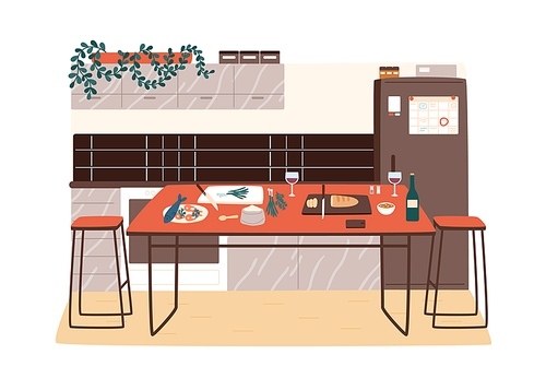 Modern kitchen interior with contemporary table and food ingredients on it. Hygge design of dining room. Dinner preparation at cozy cooking area. Vector illustration in flat cartoon style.