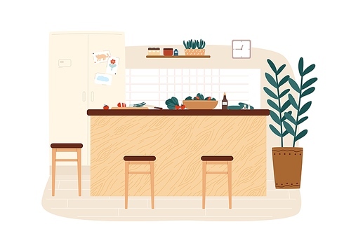 Cozy kitchen interior with fridge, modern table and food ingredient on it. Hygge design of dining room. Dinner preparation at comfortable cooking area. Vector illustration in flat style.