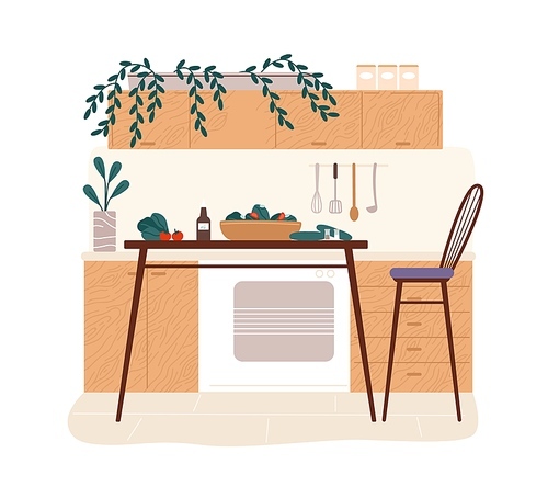 Homely kitchen interior with bar stools, modern table and food ingredients on it. Hygge design of dining room. Cozy and comfortable minimalist cooking area. Vector illustration in flat style.