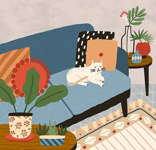 Cozy apartment interior with comfortable sofa, houseplants and flowers in vase. Sleeping cat on comfy couch in hygge living room. Flat vector textured illustration of modern home design.