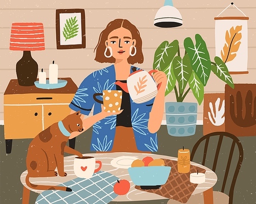 Woman pouring tea into mug at cozy home interior vector flat illustration. Female character drinking hot beverage with cat. Cute person relaxing spending time at cozy room with pet.