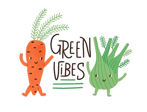 vegan and vegetarian food concept. sticker with green vibes inscription and cute fresh organic vegetables isolated on white .  sticker. colorful flat textured vector illustration.