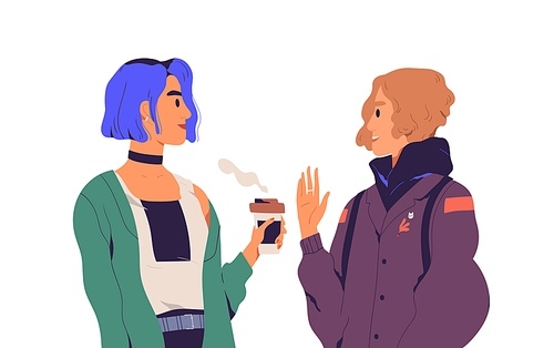 Two trendy young women talking and drinking coffee. Chatting girlfriends isolated on white . Communication of modern people. Colored flat vector illustration.