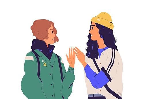 Two trendy young women meeting and greeting each other by gesturing high five. Chatting girlfriends isolated on white . Communication of modern people. Colored flat vector illustration.