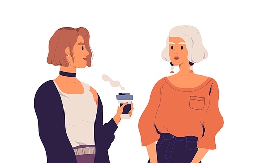 Two young women talking and drinking coffee. Chatting girlfriends isolated on white . Communication of mother and daughter. Colorful flat vector illustration.