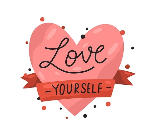 Red heart and ribbon with inscription Love yourself vector flat illustration. Cute symbol for self acceptance with motivational quote isolated. Composition or sticker with slogan and design elements.
