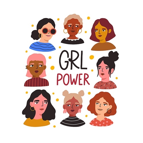 Card with beautiful women of different ages, skin color, hairstyles, face types. Postcard with feminist GRL Power quote and diverse female characters portraits. Flat vector cartoon illustration
