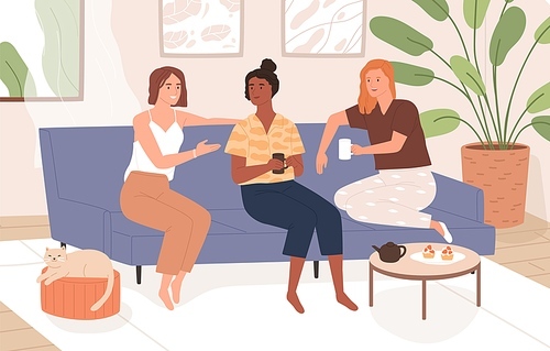 Female friends sitting on comfy sofa, talking and drinking tea. Happy smiling women chatting and relaxing on couch together at cozy home. Colorful flat vector illustration.