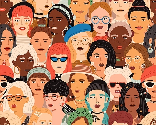 Seamless pattern with diverse female faces. Crowd of fashionable and stylish modern women. Colorful repeatable background with multiracial people. Diversity concept. Colored flat vector illustration.