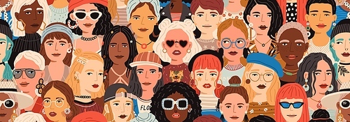 Seamless pattern with female faces. Banner with crowd of fashion and stylish modern women. Colorful repeatable background with diverse people. Diversity concept. Colored flat vector illustration.