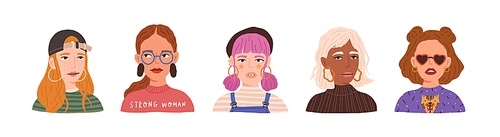 Portraits of different young modern women and girls wearing cap, beret and glasses. Collection of stylish and fashion female avatars isolated on white . Colored flat vector illustration.