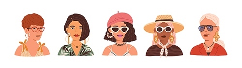 Portraits of different young modern women wearing straw hat, beret, sunglasses and eyeglasses. Set of stylish and fashion female avatars isolated on white . Colored flat vector illustration.