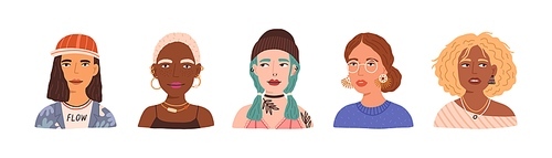 portraits of different young modern women and girls with various hairstyles and accessories. set of stylish and fashion female avatars isolated on . colorful flat vector illustration.