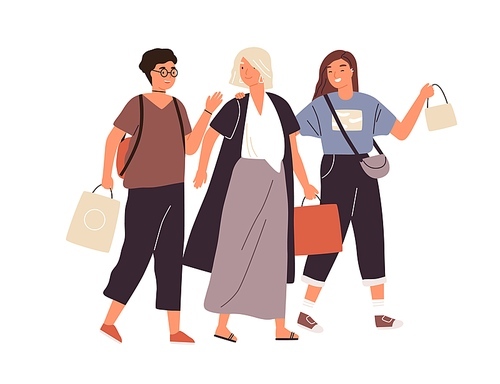 Group of happy female friends shopping vector flat illustration. Smiling woman buyers with packages walking and talking. Girlfriends spending time together isolated on white .