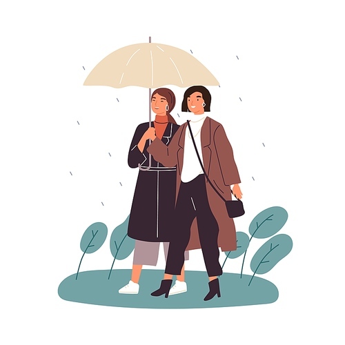 Two female friends walking under umbrella at rainy weather vector flat illustration. Smiling women talking, spending time together outdoors isolated. Happy girlfriends enjoy autumn or spring rain.