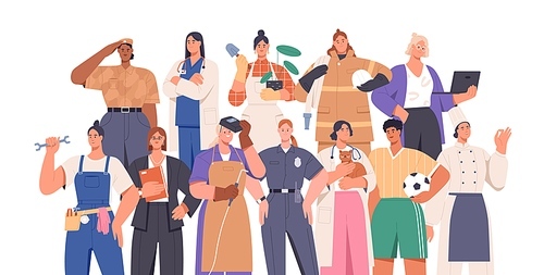 Crowd of smart and strong women of different professions: female soldier, firefighter, police officer, businesswoman. Career equality concept. Flat vector illustration isolated on white.