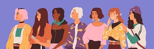 Young diverse woman standing together in row. Female diversity concept. Group of different modern trendy. Flat vector illustration isolated on violet background.