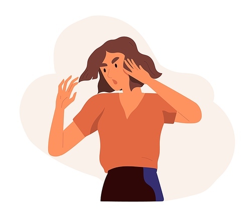 Angry and annoyed woman with irritated and furious face expression clutching her head in panic. Negative emotion of female character. Colored flat vector illustration isolated on white .