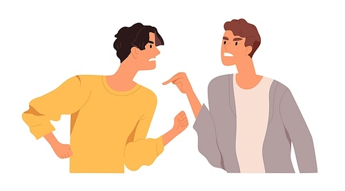 Angry men arguing and conflicting. Quarrel and fight between two aggressive people. Male characters shouting, blaming and criticizing. Colorful flat vector illustration isolated on white .