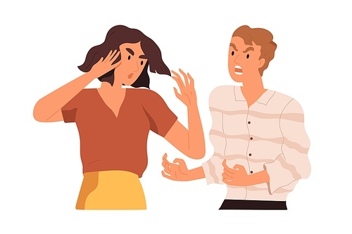 Couple arguing and conflicting. Aggressive and irritated man shouting at annoyed woman. Scene of family quarrel, problem in relashionship. Colorful flat vector illustration isolated on white.