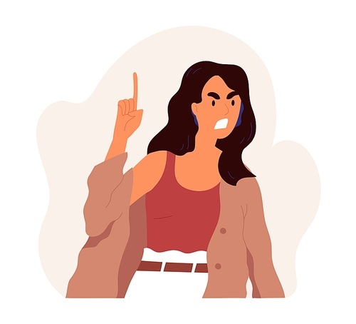 Furious angry woman shouting and screaming with rage. Annoyed female character with aggressive face expression scolding and yelling. Colored flat vector illustration isolated on white .