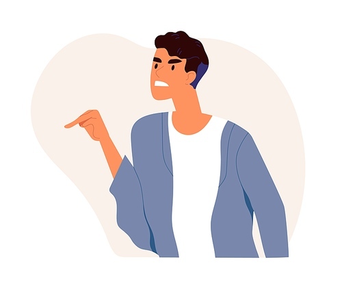 Furious angry man pointing at smb with finger to accuse, blame or criticize. Annoyed dissatisfied guy with aggressive face expression. Colored flat vector illustration isolated on white .